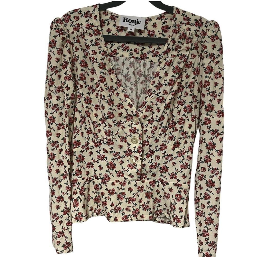 Rouje Paris Women's Floral Rose Button Front Blouse French Size 34 US XS/2